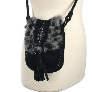 NWT Black Adrienne Vittadini Leather Crossbody Bag Fur Suede Crossbody Boho